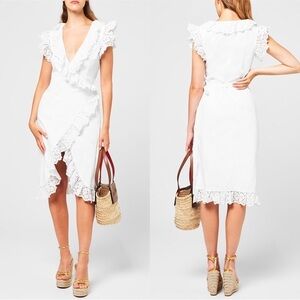 De La Vali Cadaques Ruffled Broderie Anglaise Organic Cotton Wrap Dress White